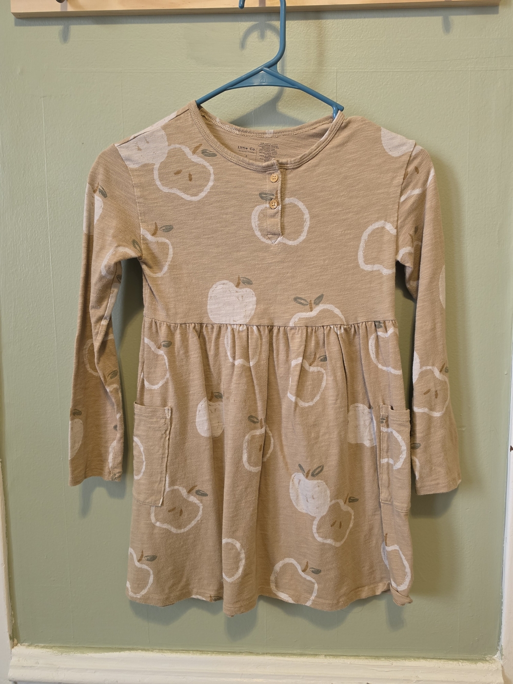 Girls' Beige Apple Print Long-Sleeve Casual Dress